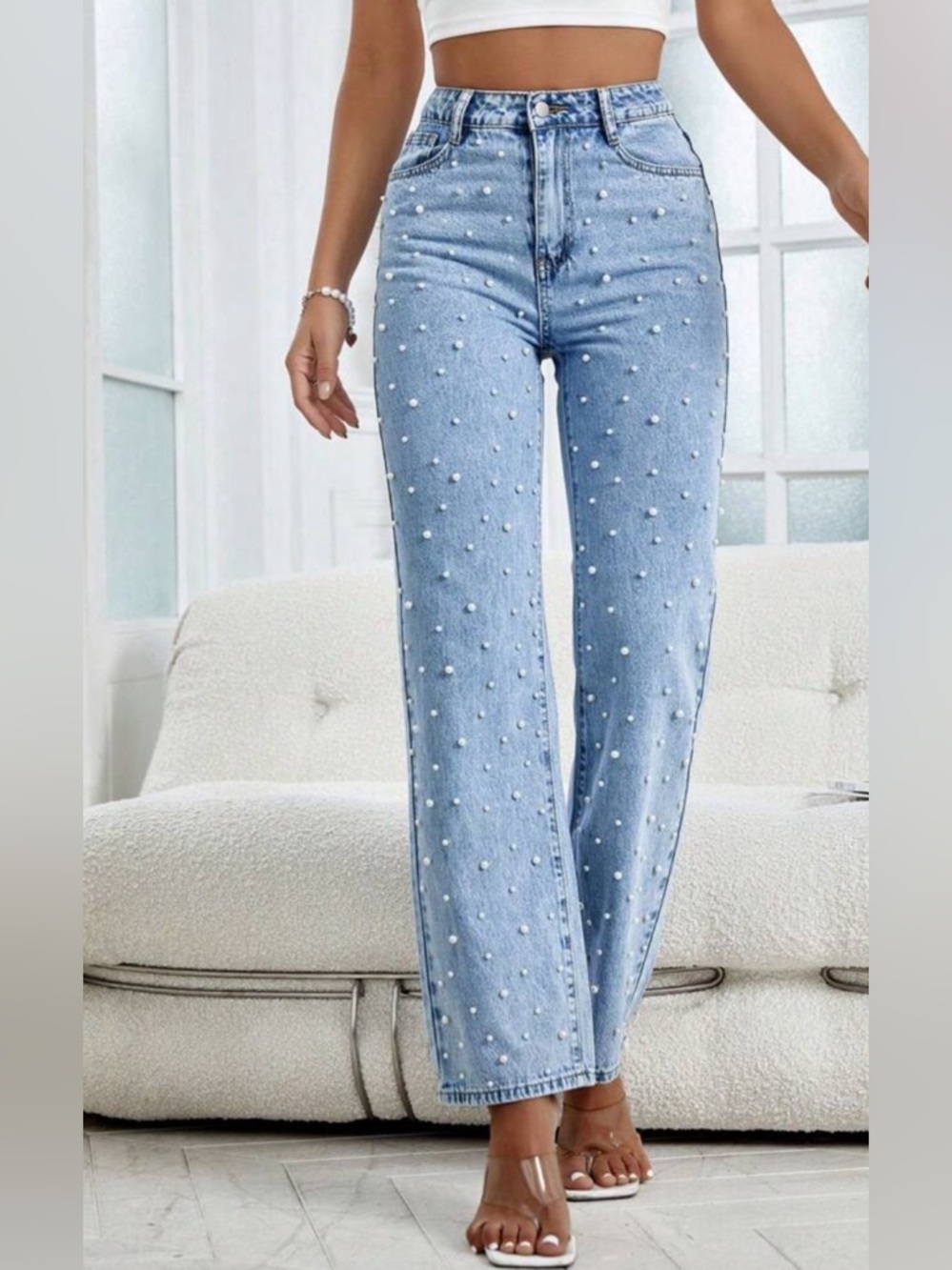 Jeans - Women’s Light Wash, High-Waist Jeans, with Pearls. Size Large
